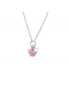 Zilveren ketting met roze emaille bloem en bedels 35 - 40 cm.
