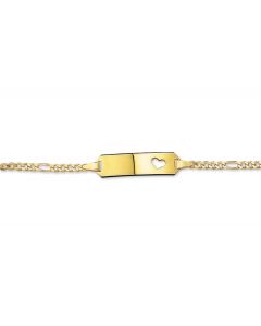 Geelgouden plaatarmbandje figaro met hartje 11 - 13 cm.