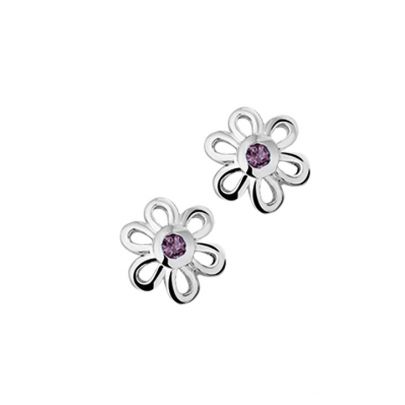 Zilveren kinderoorknoppen bloemetje met paarse zirkonia