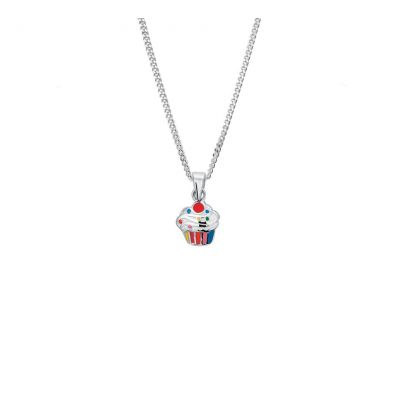 Rikkoert zilveren ketting met hanger emaille cupcake 36 - 40 cm.