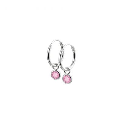 Rikkoert zilveren buiscreolen met roze zirkonia 12 mm.