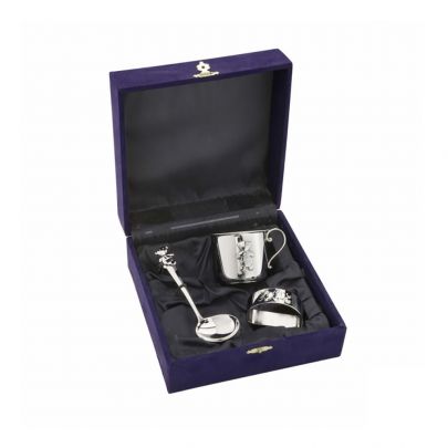 3-delig Zilveren cadeauset met dwarslepel, servetband en kinderbeker met beer, 3255-0.925